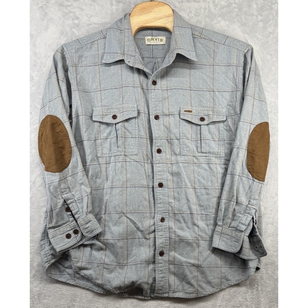 Orvis Fairbanks Flannel Shirt Elbow Patch Blue Plaid Cotton Button Up Men's 2XL